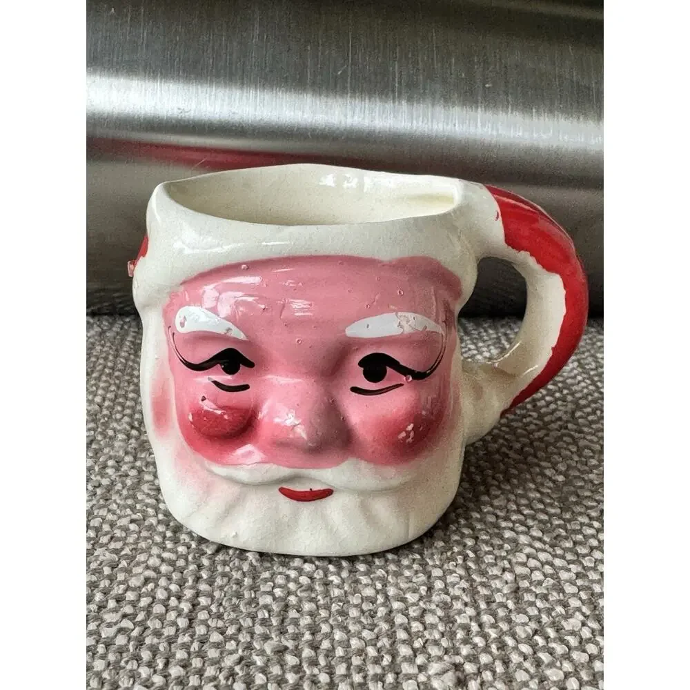Vintage Pink Face Santa Mug 1.75” Christmas Figurine Ceramic MCM Collectible 50s
